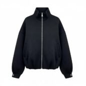 Black bomber jacket with a silver front zipper, high collar, and ribbed hem and cuffs.