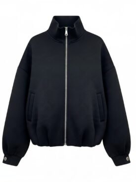 Black bomber jacket with a silver front zipper, high collar, and ribbed hem and cuffs.