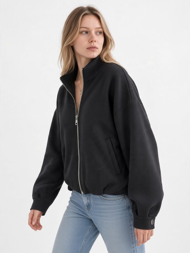 Young woman wearing a black zip-up jacket and light blue jeans, posing against a plain light background.