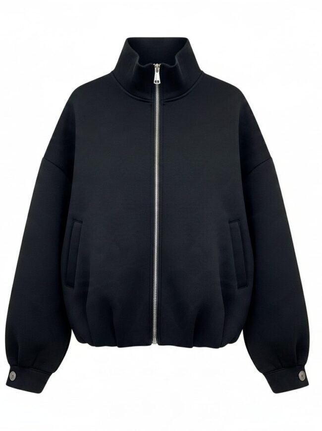 Black bomber jacket with a silver front zipper, high collar, and ribbed hem and cuffs.