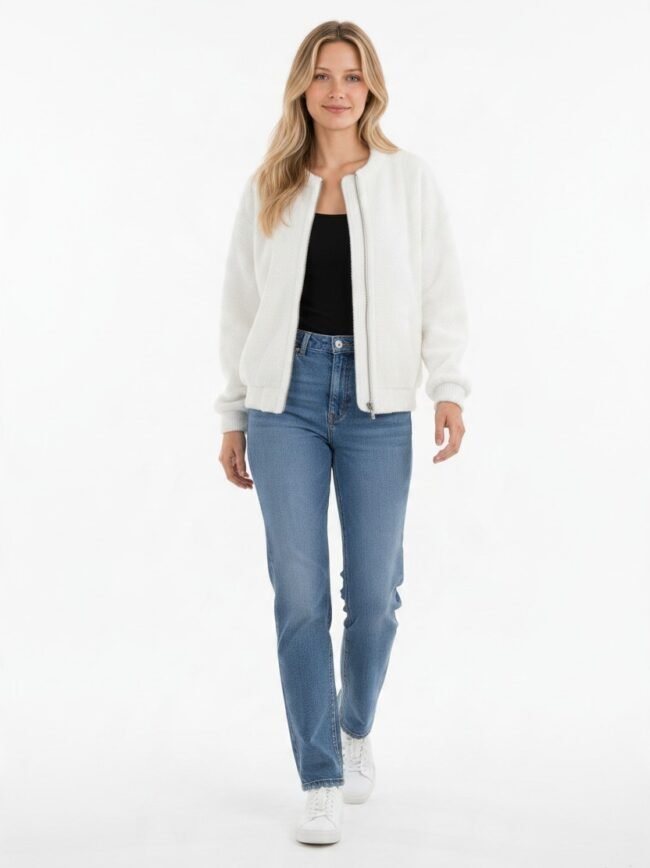 Μοντέλα μόδας AI-52606778-b02a-4753-b955-454ae540a3b1 Full-body portrait of a woman in a casual outfit: white zip-front jacket, black top, blue jeans, and white sneakers in a bright studio setting.