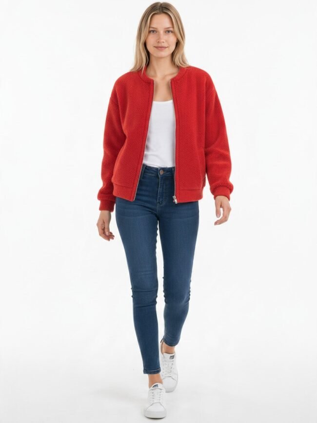 Μοντέλα μόδας AI-c67133da-d29f-4f41-8b71-126031784306 Woman standing in a bright red textured cardigan over a white top, with blue jeans and white sneakers, facing the camera.