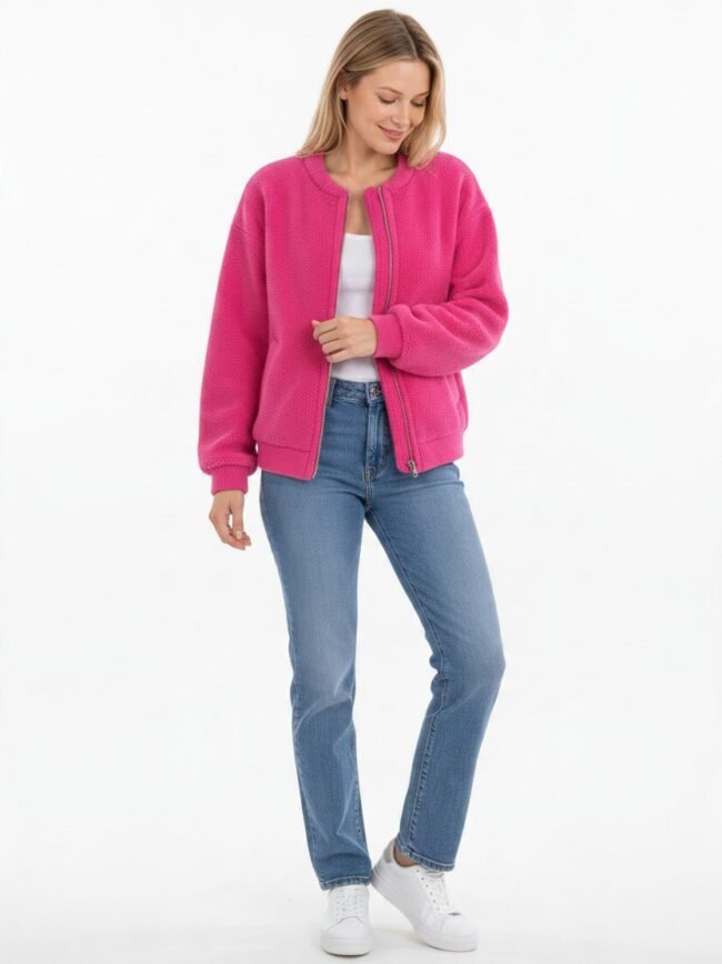 Μοντέλα μόδας AI-d1795e92-33e7-4f02-8d60-04ced70e9b9f Woman wearing a bright pink zip-up cardigan over a white top, blue jeans, and white sneakers, posing against a white background.