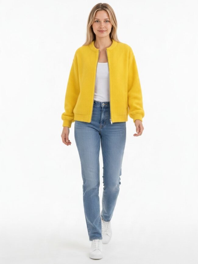 Μοντέλα μόδας AI-f03329b4-86c6-404a-ba2b-b160cffad63d Woman modeling a bright yellow zip-front jacket over a white top, blue jeans, and white sneakers against a white background.