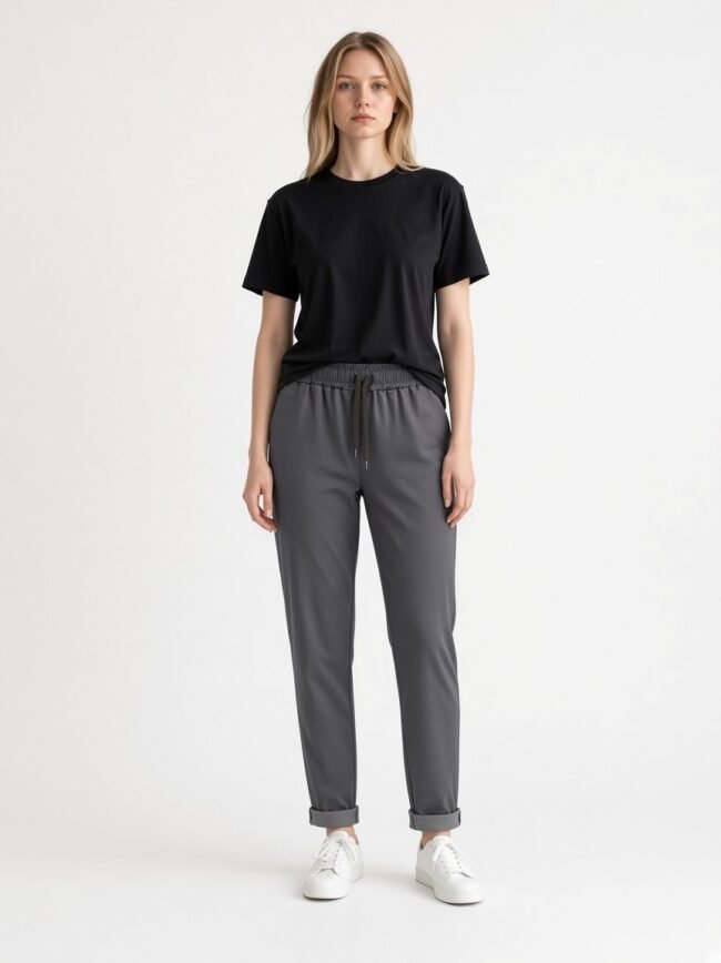 Full-body: woman in black T-shirt, gray joggers, white sneakers, facing the camera.