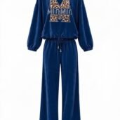 Dark blue velvet tracksuit with a drawstring waist and a leopard-print M logo on the chest.