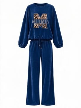 Dark blue velvet tracksuit with a drawstring waist and a leopard-print M logo on the chest.