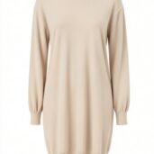 Beige knit sweater dress with long sleeves, crew neck, and ribbed cuffs and hem.