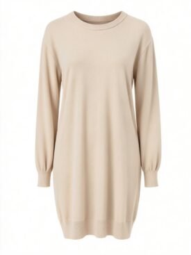 Beige knit sweater dress with long sleeves, crew neck, and ribbed cuffs and hem.