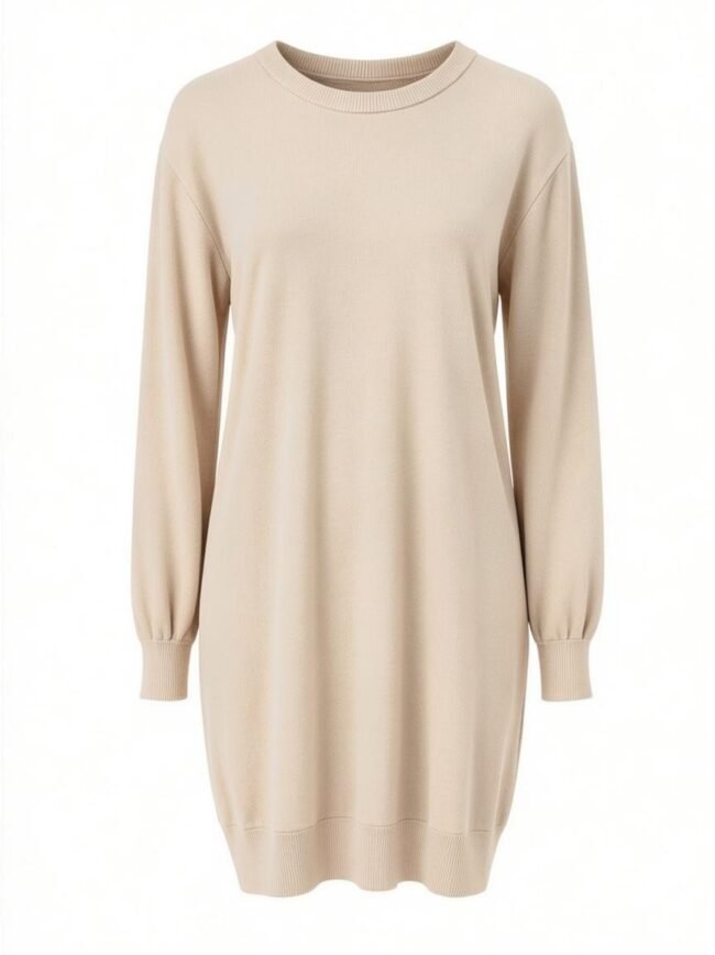 Beige knit sweater dress with long sleeves, crew neck, and ribbed cuffs and hem.