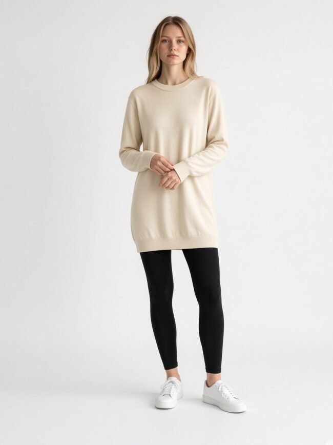 Model wearing a cream oversized sweater with black leggings and white sneakers against a plain light background.