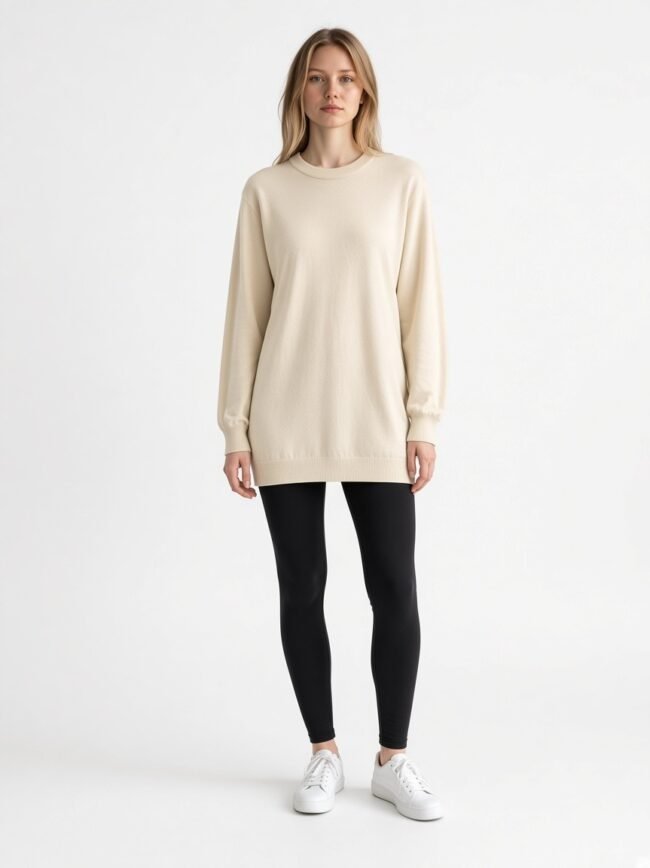 Woman modeling a beige oversized sweater dress with black leggings and white sneakers, standing against a plain white background.