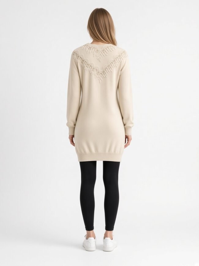 Back view of a person wearing a cream knit sweater dress with a lace chevron yoke, mid-thigh length, paired with black leggings and white sneakers.