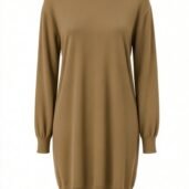 Knee-length camel knit sweater dress with long sleeves, ribbed cuffs, and hem.