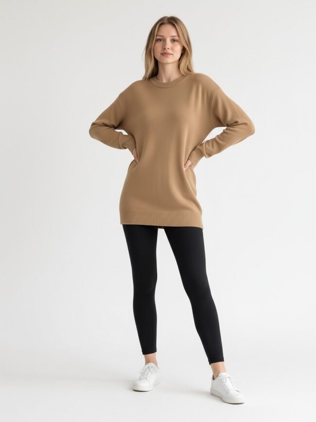 Μπλουζοφόρεμα Κάμελ Woman wearing an oversized camel sweater tunic, black leggings, and white sneakers, standing with hands on hips.