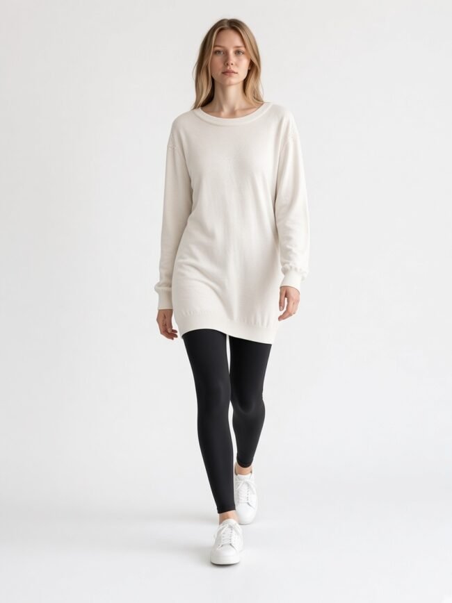 Woman walking toward the camera in an oversized cream knit sweater, black leggings, and white sneakers in a white studio setting.