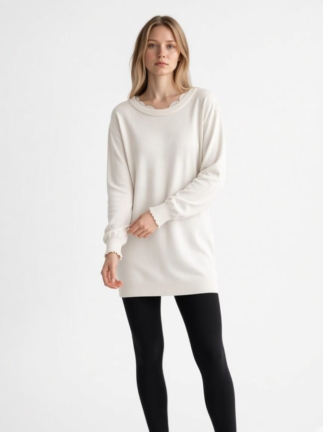 Woman wearing an oversized cream knit sweater with scalloped cuffs, paired with black tights, standing against a white background.