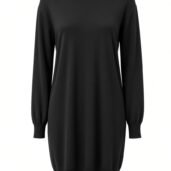 Black long-sleeve knit sweater dress with a crew neck and ribbed cuffs and hem, solid color