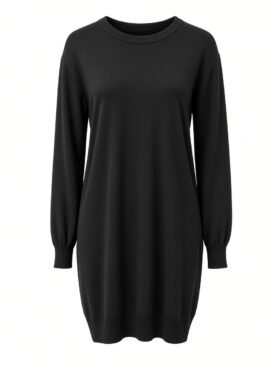 Black long-sleeve knit sweater dress with a crew neck and ribbed cuffs and hem, solid color