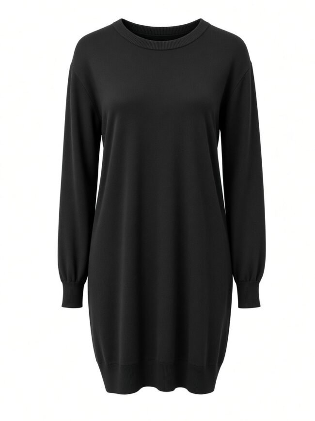 Black long-sleeve knit sweater dress with a crew neck and ribbed cuffs and hem, solid color