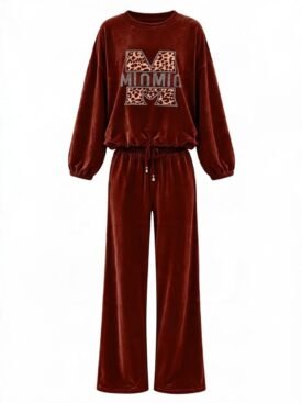 Wine-red velvet loungewear set: cropped-sleeve top and wide-leg pants with a drawstring waist and a leopard-print M logo on the chest.