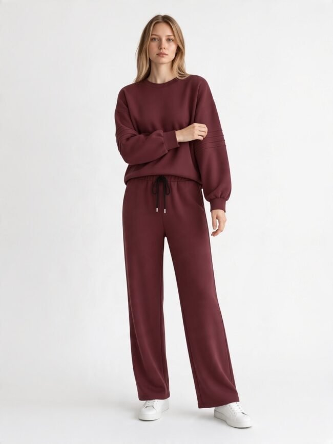 Woman in a burgundy matching sweatshirt and wide-leg joggers, white sneakers, standing against a light background with a relaxed pose to showcase the loungewear set.