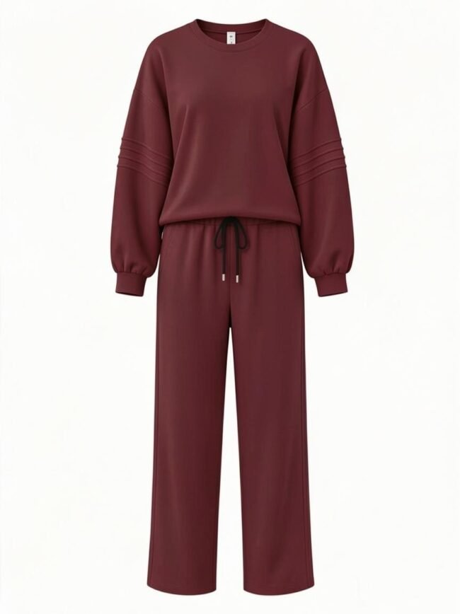 Maroon loungewear set with a loose sweatshirt and wide-leg drawstring pants.