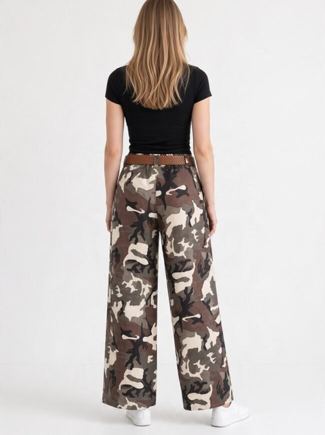 Παντελόνι Παραλαγής Λευκό 2 Back view of a woman in a black short-sleeve top, wide-leg camouflage pants with a brown belt and white sneakers, standing against a white background.