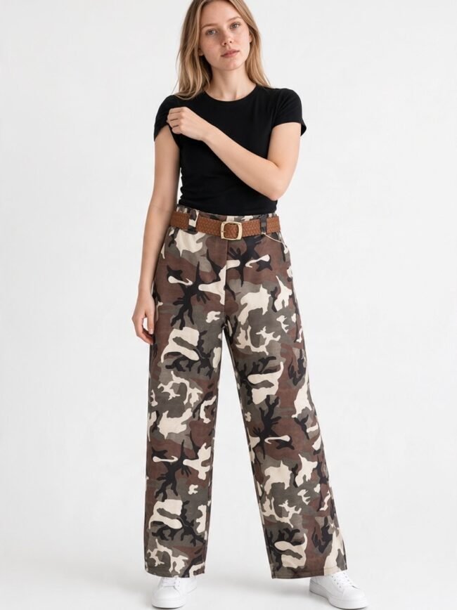 Παντελόνι Παραλαγής Λευκό 3 Woman in a black fitted T-shirt and wide-leg camouflage pants with a brown belt, white sneakers, standing against a light background.