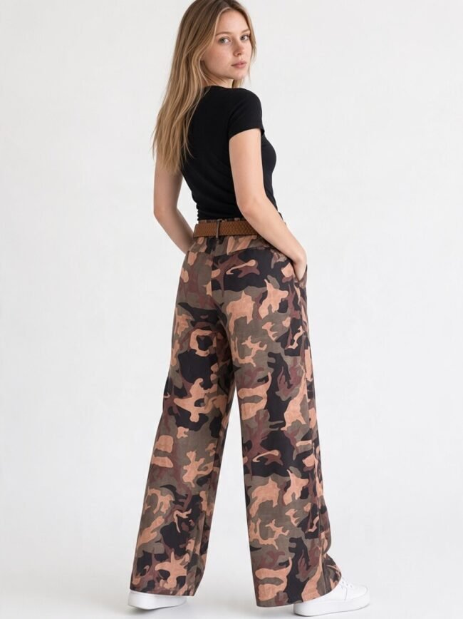Παντελόνι Παραλαγής Μπεζ 1 Woman standing in a side pose wearing a black t-shirt, camouflage wide-leg pants, a brown belt, and white sneakers.