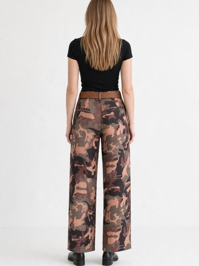 Παντελόνι Παραλαγής Μπεζ 2 Back view of woman in a black T-shirt, brown belt, and camouflage wide-leg pants, standing against a white background.