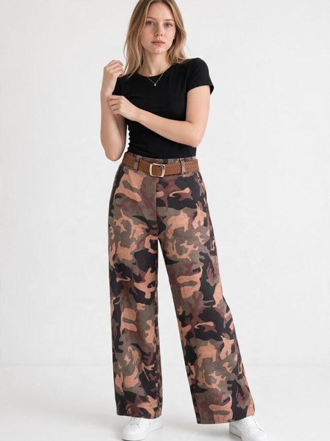 Παντελόνι Παραλαγής Μπεζ 3 Woman in a black, short-sleeve top with brown camouflage wide-leg pants, a woven brown belt, and white sneakers.