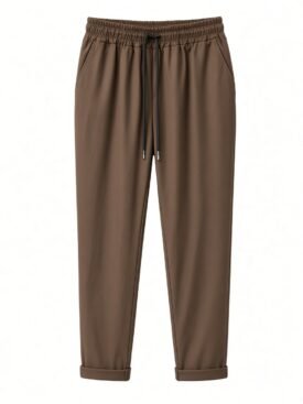 Brown jogger pants with an elastic waistband and black drawstring, front pockets, and rolled cuffs.