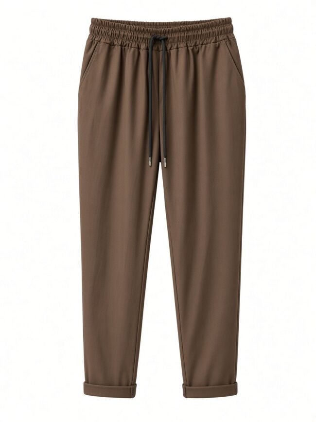 Brown jogger pants with an elastic waistband and black drawstring, front pockets, and rolled cuffs.