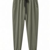 Olive green jogger pants with an elastic waistband, black drawstring, and cuffed hems viewed from the front.