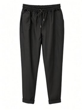 Black athletic jogger pants with elastic waistband, drawstring, and cuffed ankles.