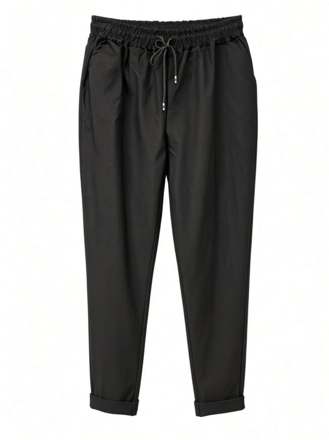 Black athletic jogger pants with elastic waistband, drawstring, and cuffed ankles.