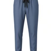 Blue jogger pants with an elastic waistband, black drawstring, and rolled gray cuffs (front view).