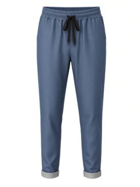 Blue jogger pants with an elastic waistband, black drawstring, and rolled gray cuffs (front view).