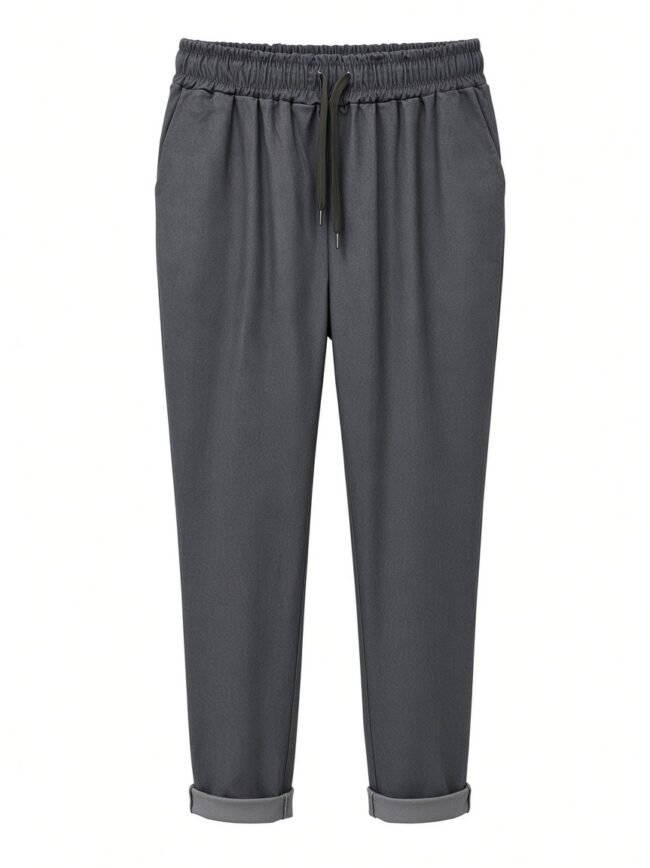 Gray jogger pants with an elastic waist, drawstring, and cuffed hems, shown full length from front.