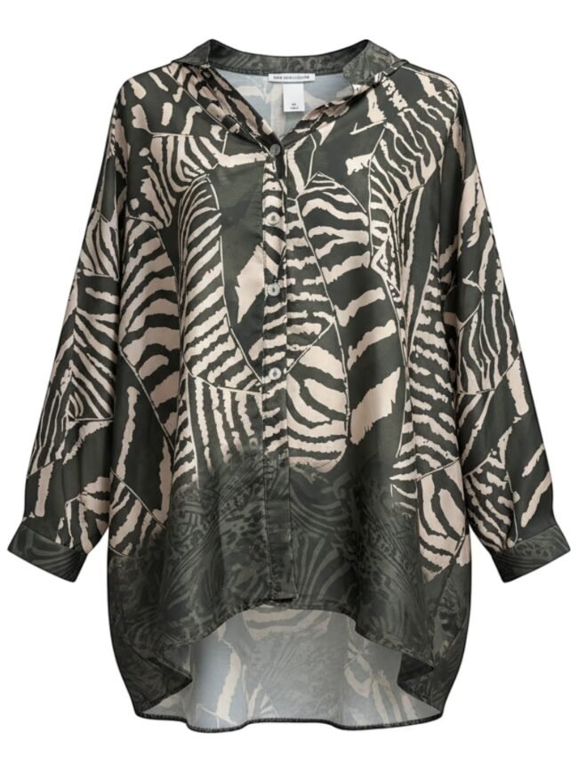 Front view of a sheer camouflage-print blouse with a collar and button-down front.