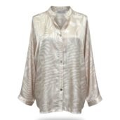Beige satin blouse with a cream abstract zebra-like print, button-down front and collar