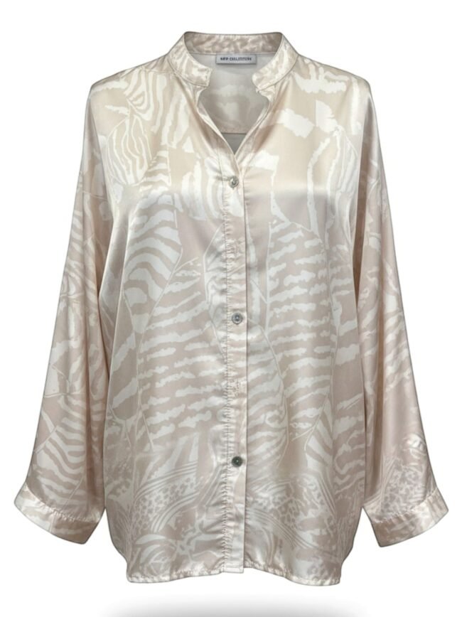 Beige satin blouse with a cream abstract zebra-like print, button-down front and collar