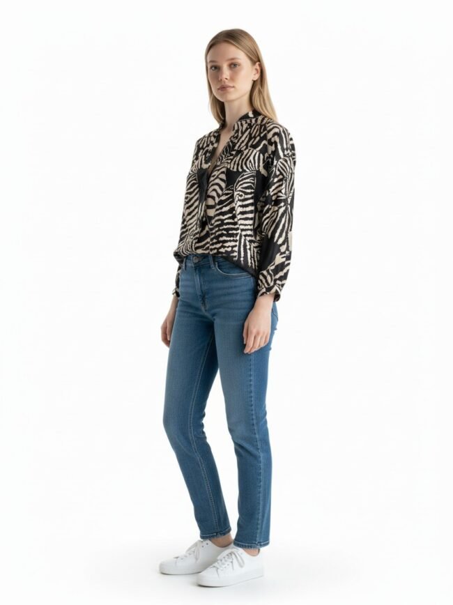 Young woman standing against a white background, wearing a black-and-beige animal print blouse, blue jeans, and white sneakers.