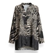 Black and beige animal-print button-down blouse with collar and long sleeves, front placket.