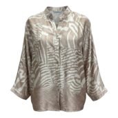 Beige and white abstract tiger-striped button-down blouse with long sleeves and a rounded hem.