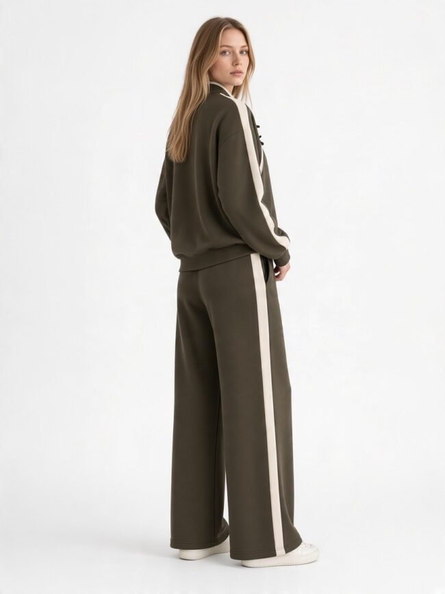 Woman wearing an olive green matching track suit with white side stripes, viewed from the back and turning toward the camera.