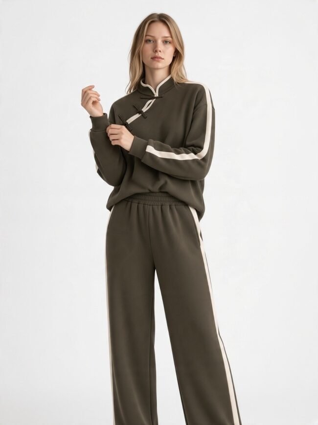 Woman standing in an olive-green tracksuit with cream side stripes, adjusting the sleeve.
