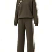 Olive-green two-piece tracksuit with cream side stripes; top has Chinese knot closures and high collar, paired with wide-leg pants with a matching stripe.