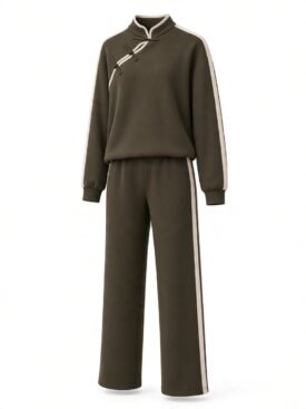 Olive-green two-piece tracksuit with cream side stripes; top has Chinese knot closures and high collar, paired with wide-leg pants with a matching stripe.